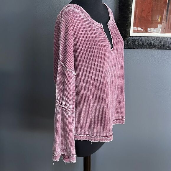 We The Free beet tone burnout sunwashed thermal bell sleeve split neckline top. - Picture 5 of 9